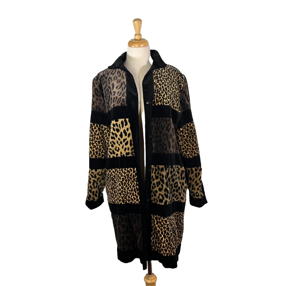 VTG‎ Lauren Meren Leopard Print Long Jacket Lined Size L Velvet Animal Print